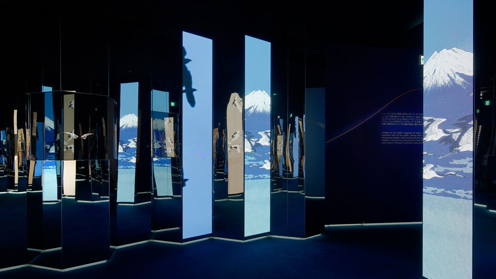 Chaumet exhibition with Mount Fuji imagery reflected through the room