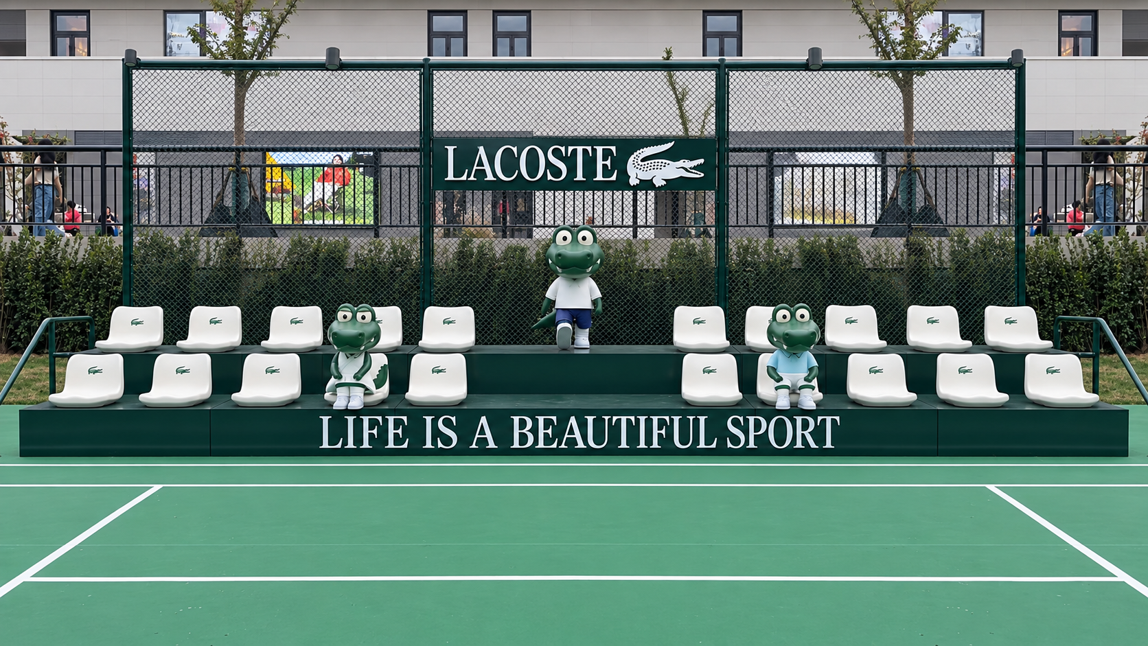 Codi characters in a Lacoste tennis court installation