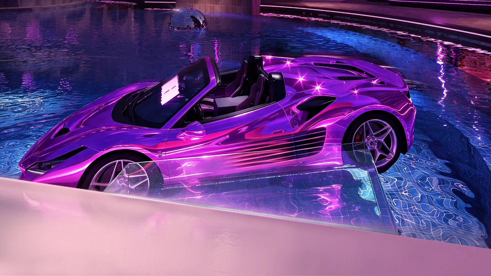 Proposal render of the iridescent dream car floating in the pool
