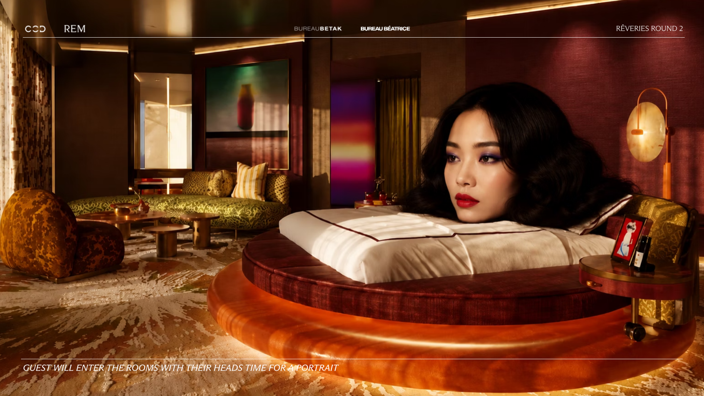 Original AI concept study of a guest’s face appearing inside a miniature hotel bedroom
