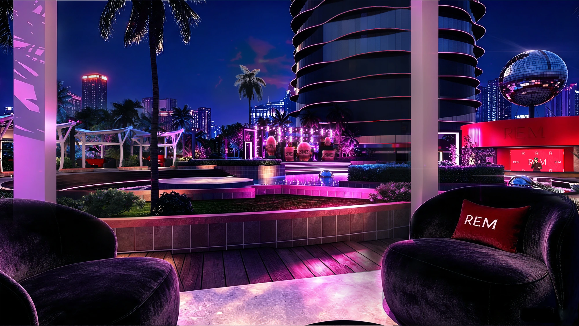 Proposal rendering of the poolside seating and cabanas